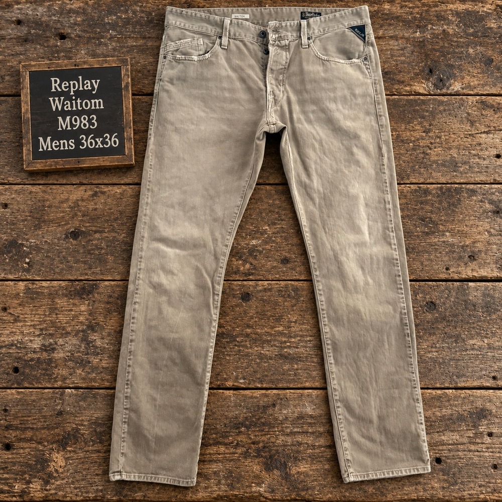 Replay Waitom M983 Mens Regular Slim Jeans Tan 36x36 Button Fly Distressed